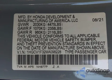 2021 Honda Accord Sport z USA, uszkodzony, nr VIN 1HGCV1F32MA098228
